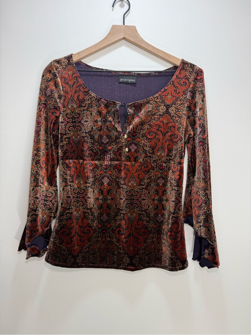 Vintage 2000s Principles Paisley Velvet Flare Sleeve Whimsigoth Top UK 10 EU 38